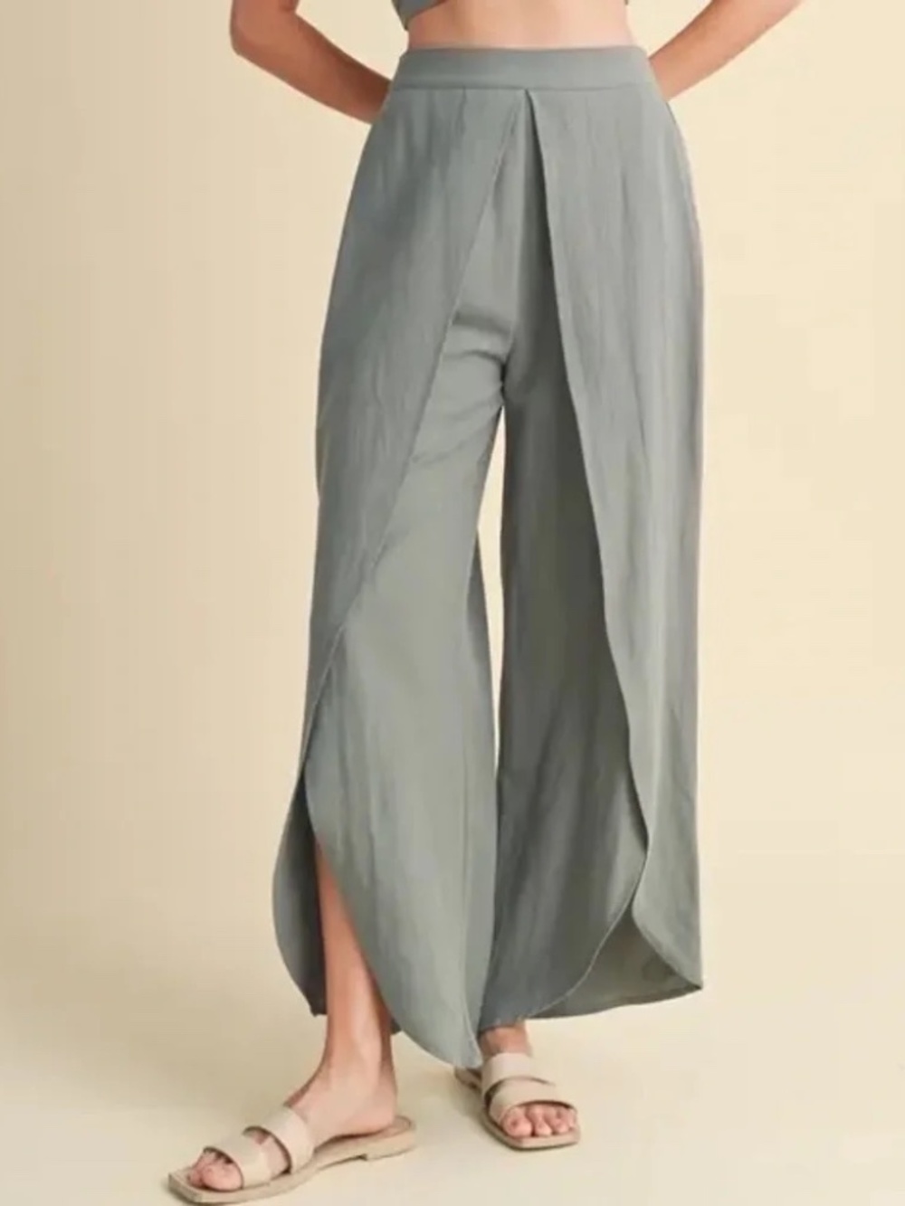 Wishlist Viscose Linen Blend Wide-Leg Wrap Pants – Sage Green Flow Pants, Boho S